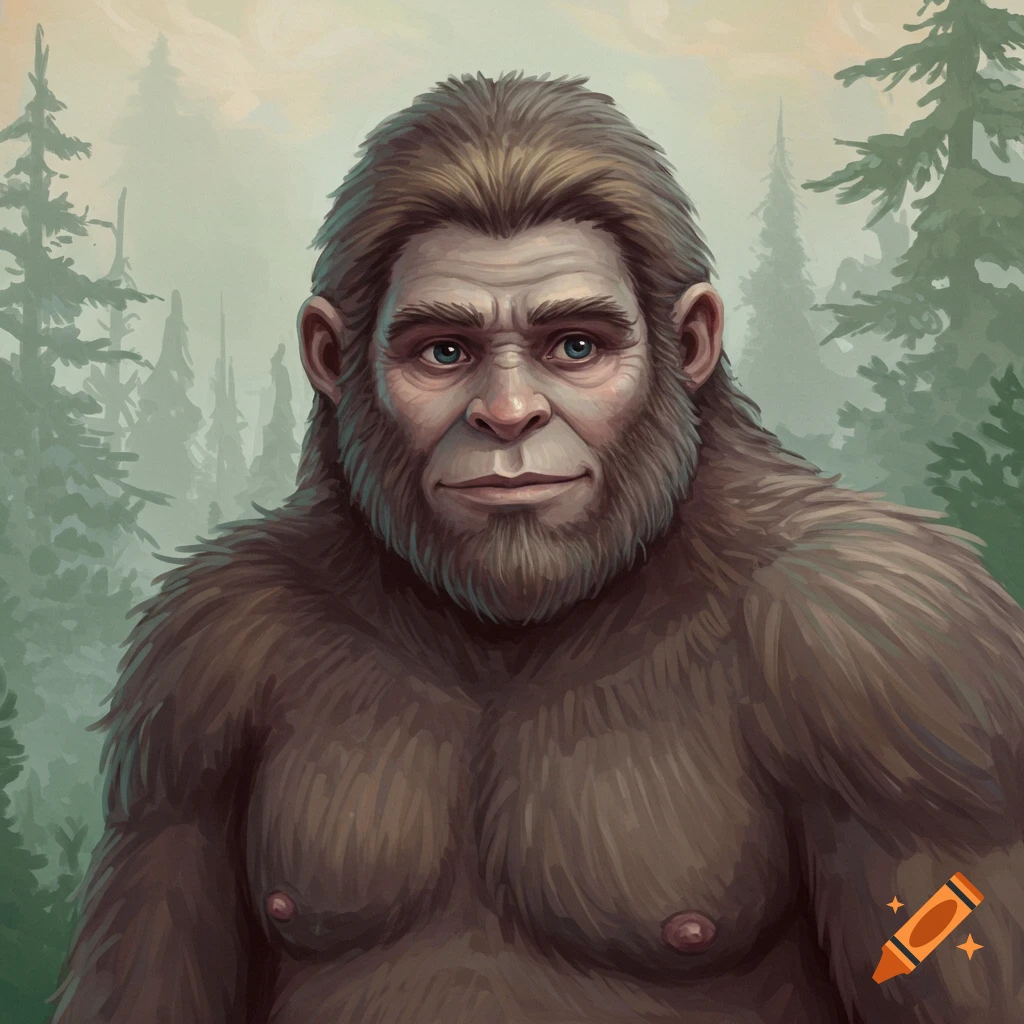 A portrait of a Sasquatch or Bigfoot in a forest.