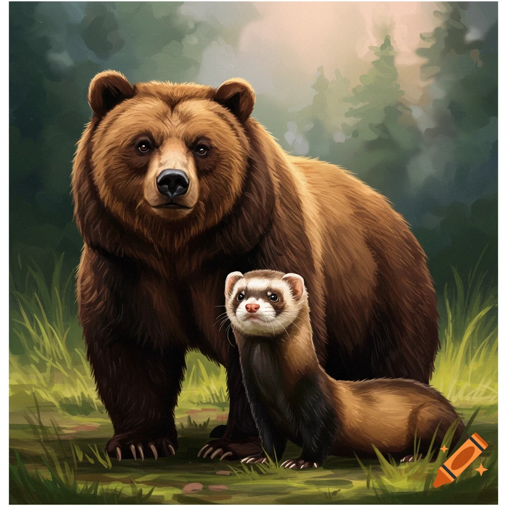 A bear and a ferret standing in a forest clearing.