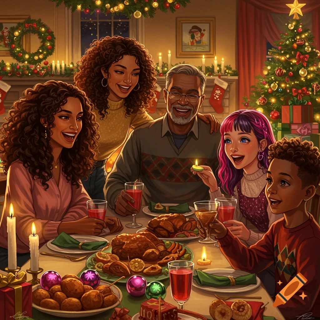 A multiracial family enjoying a holiday dinner around a decorated table.