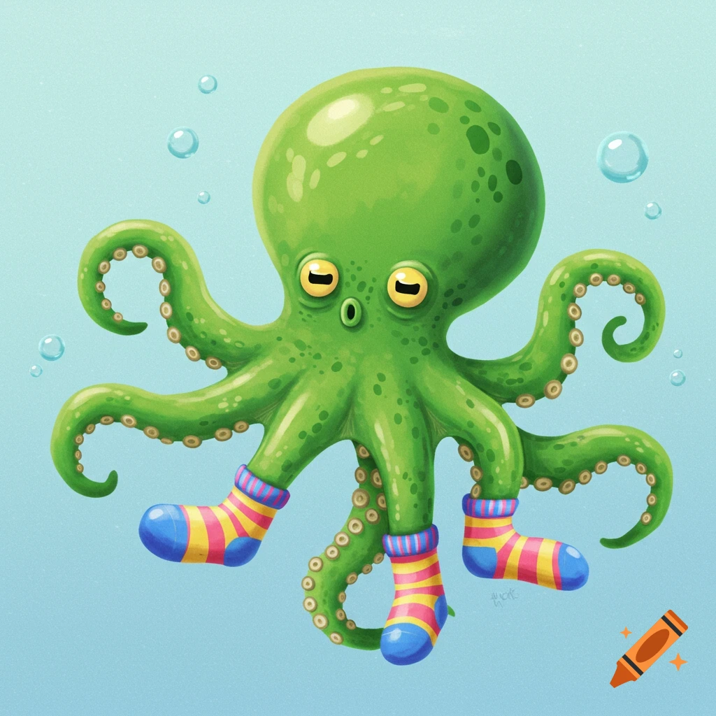 A cute green octopus wears colorful striped socks in a digital illustration.