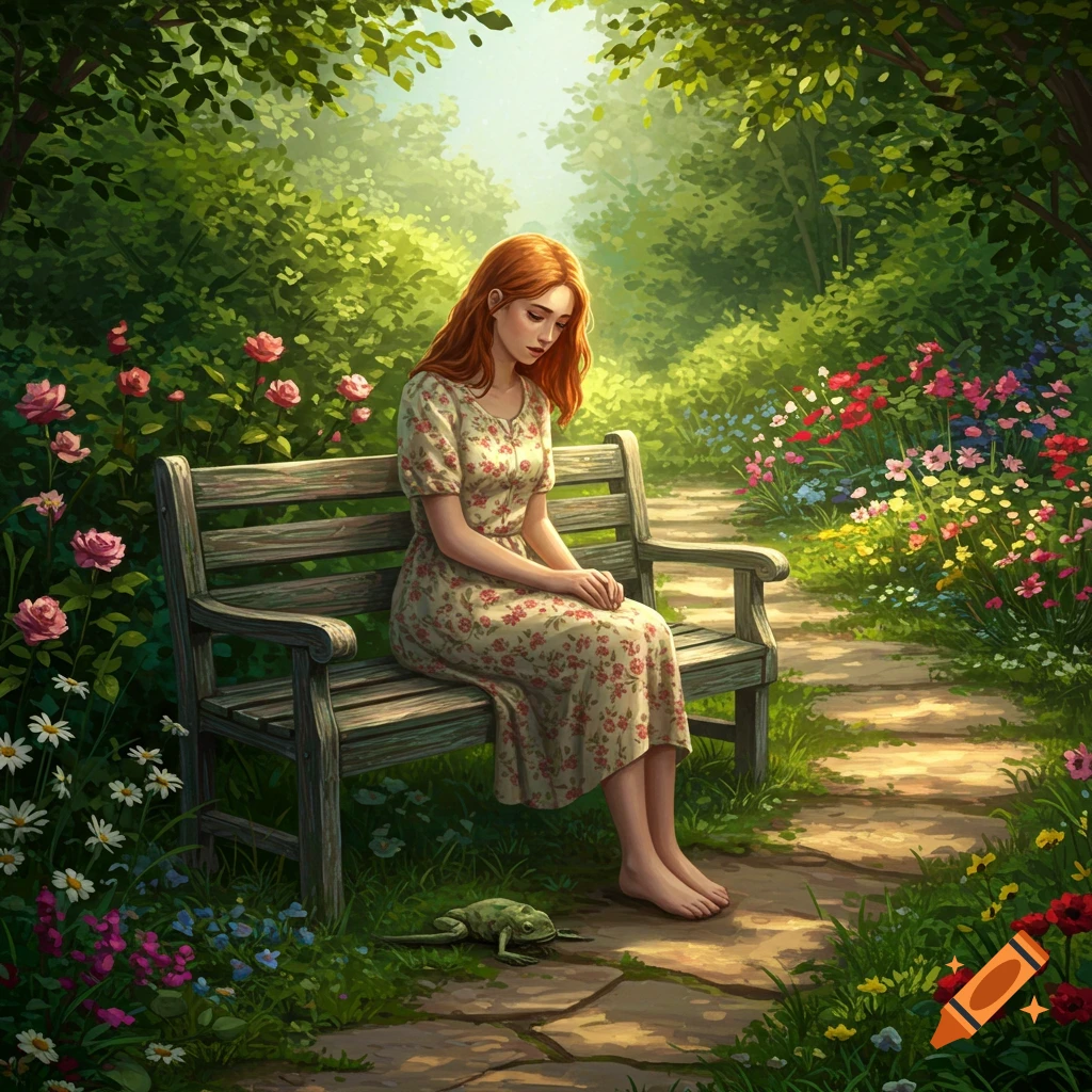 A woman sits on a park bench in a sunny garden filled with flowers and a frog.