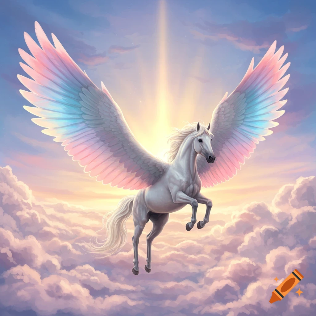 A white Pegasus with large rainbow-colored wings flies above clouds towards a bright sunbeam.