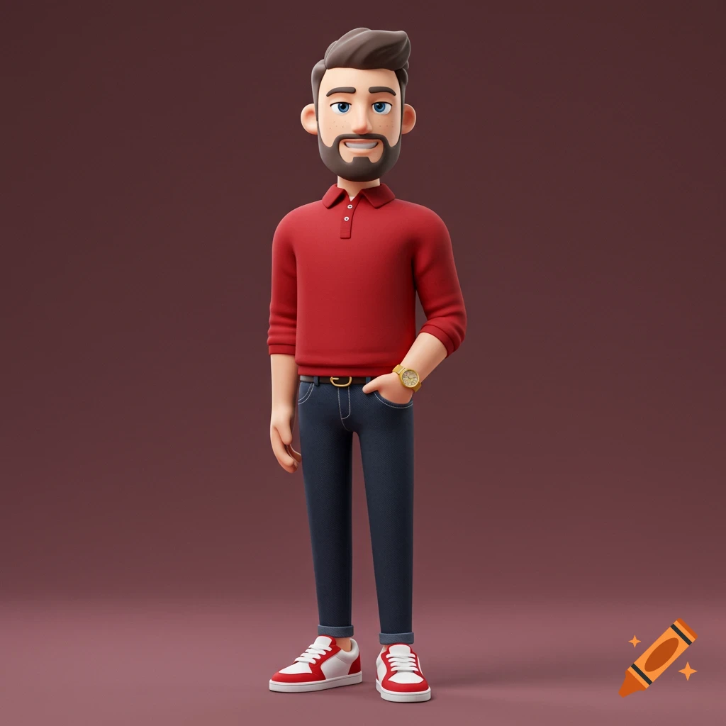 3D cartoon of a stylish man wearing a red polo shirt, jeans, and sneakers.