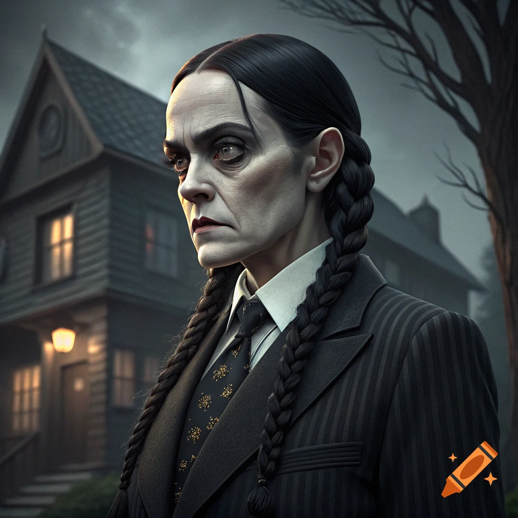Hyperrealistic portrait of a person resembling Lurch and Wednesday Addams in front of a spooky house at dusk