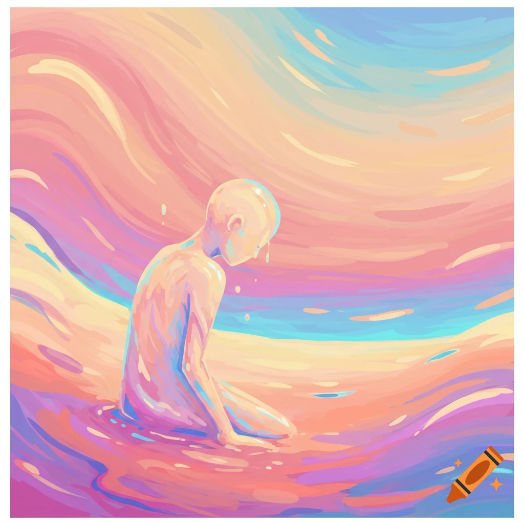 A figure sits in vibrant, rippling water in a surreal scene.