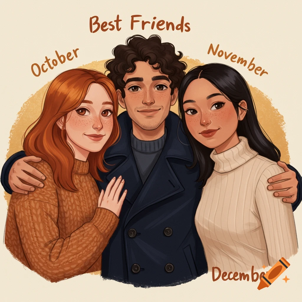 Illustration of three friends labeled October, November, and December.