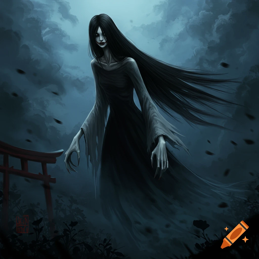 A tall, pale ghost figure with long black hair and clawed hands stands in a dark, misty forest with a red Torii gate.