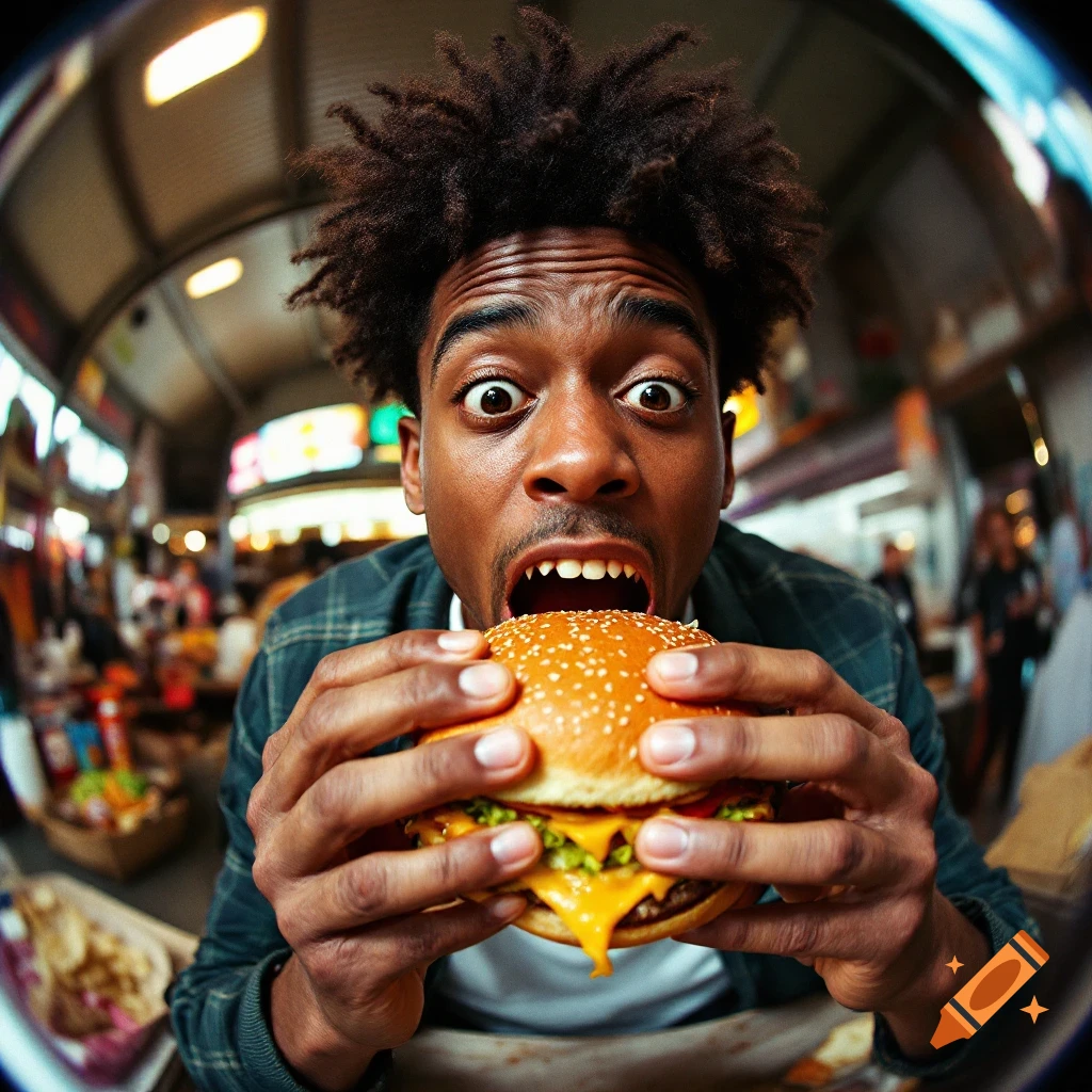 Close-up fisheye view of a man about to eat a large burger in a market setting.