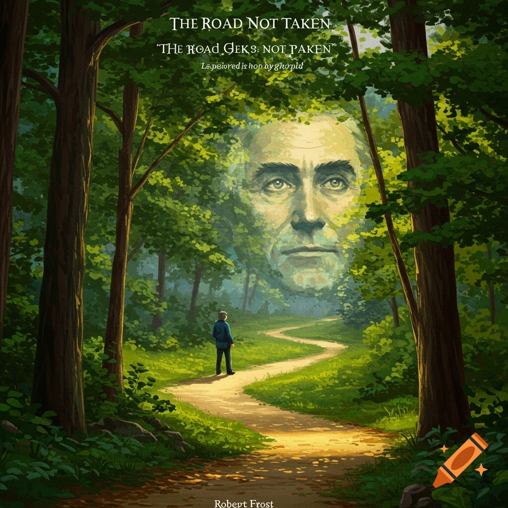 A person walks on a winding path through a forest, while a large face looks down from the trees.