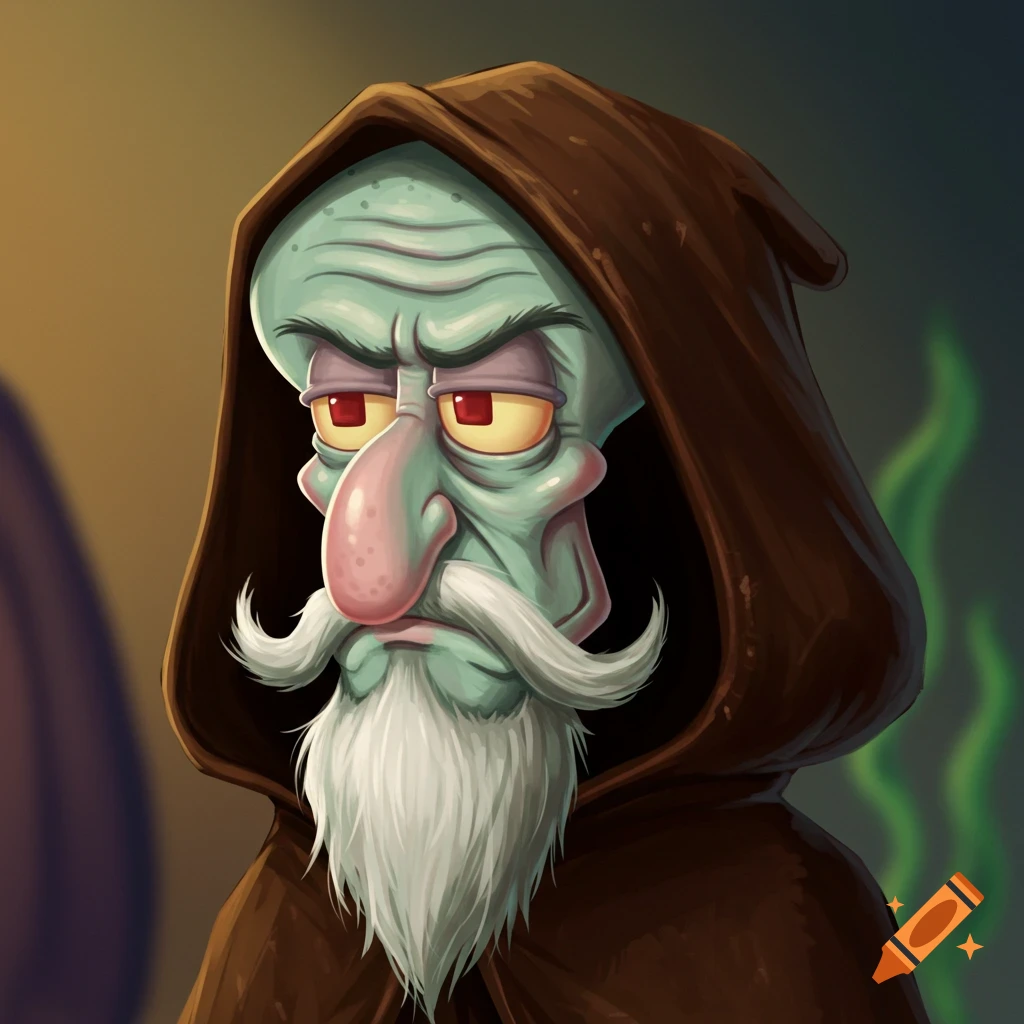 Portrait of Squidward from Spongebob wearing a brown cloak and white beard, in a painterly style.