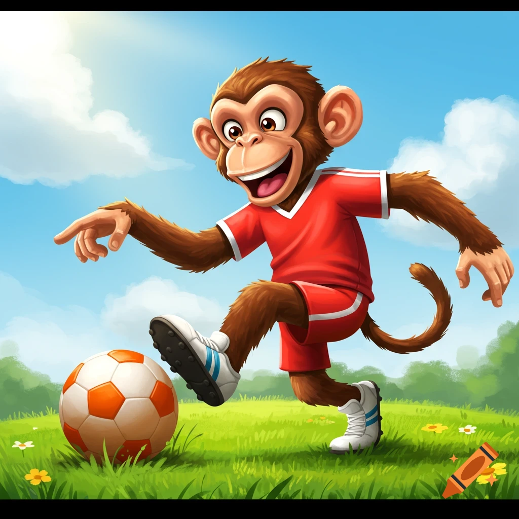 Cartoon monkey playing soccer in a field