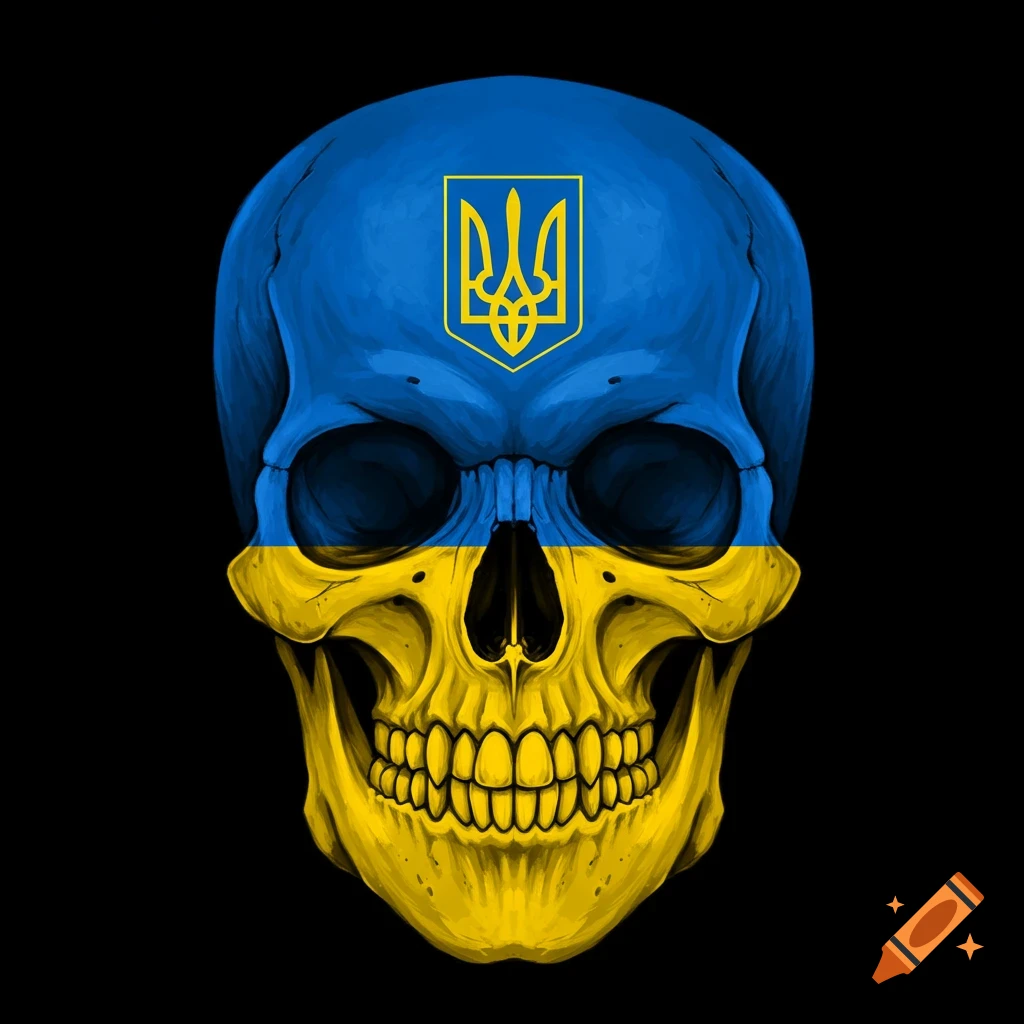 A skull painted with blue and yellow Ukrainian colors and the trident symbol.