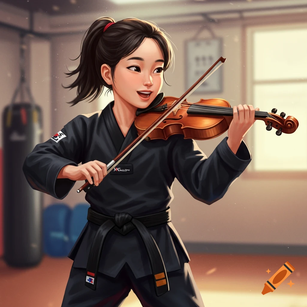 A girl in a Taekwondo uniform plays the violin in a gym.