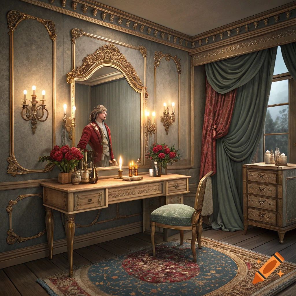 A person in historical costume looks in a gilded mirror in a theatre dressing room with candles, roses, and elegant decor.