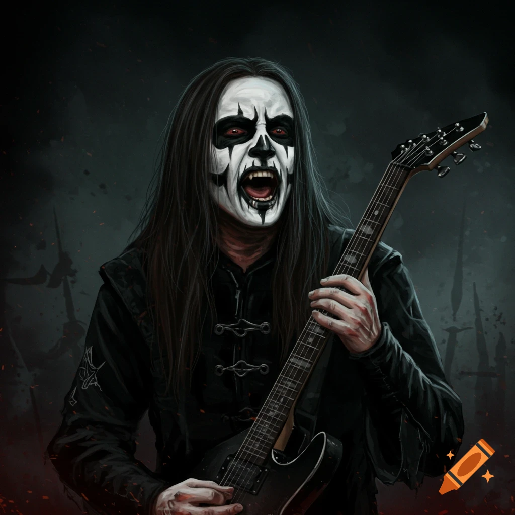 A black metal musician in corpsepaint playing a guitar.