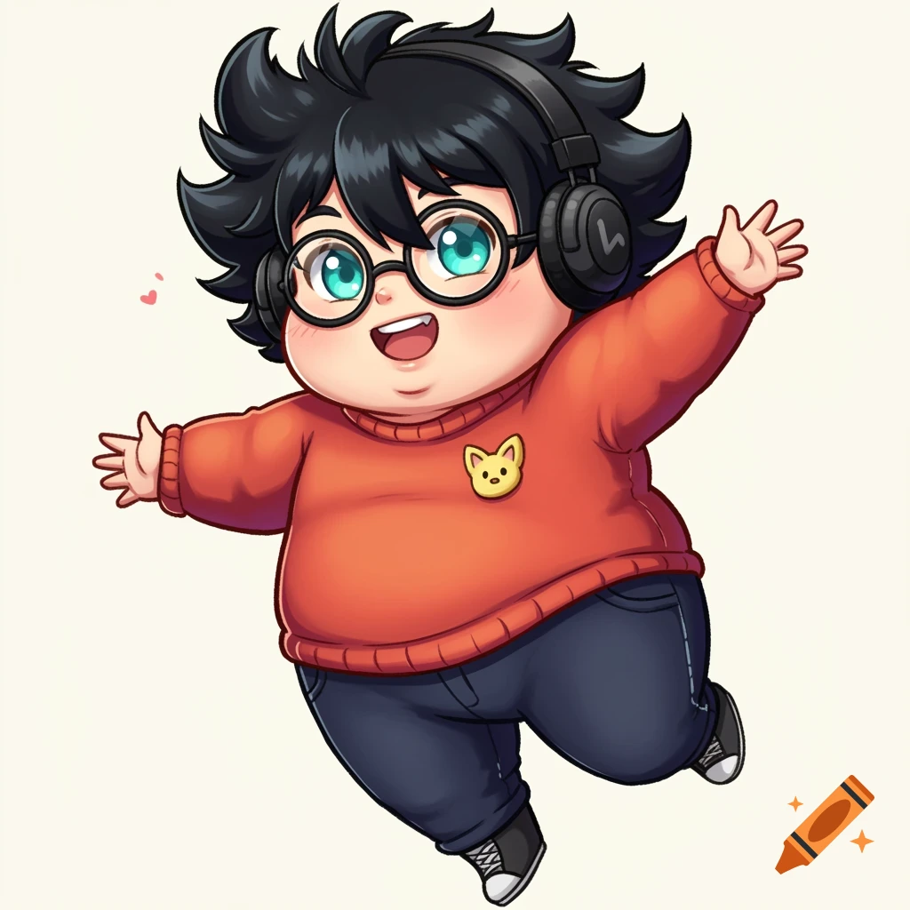 Chibi anime boy with headphones and glasses jumps cheerfully.