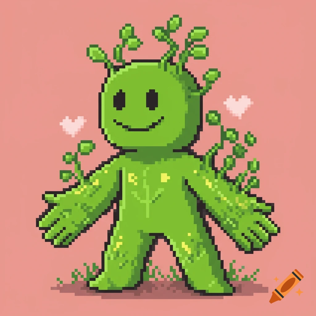 Pixel art of a green plant humanoid character with leaves growing from its body, with pixel hearts.