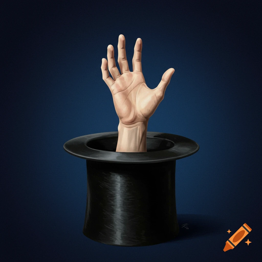 A hand reaches out of a black top hat against a blue background.
