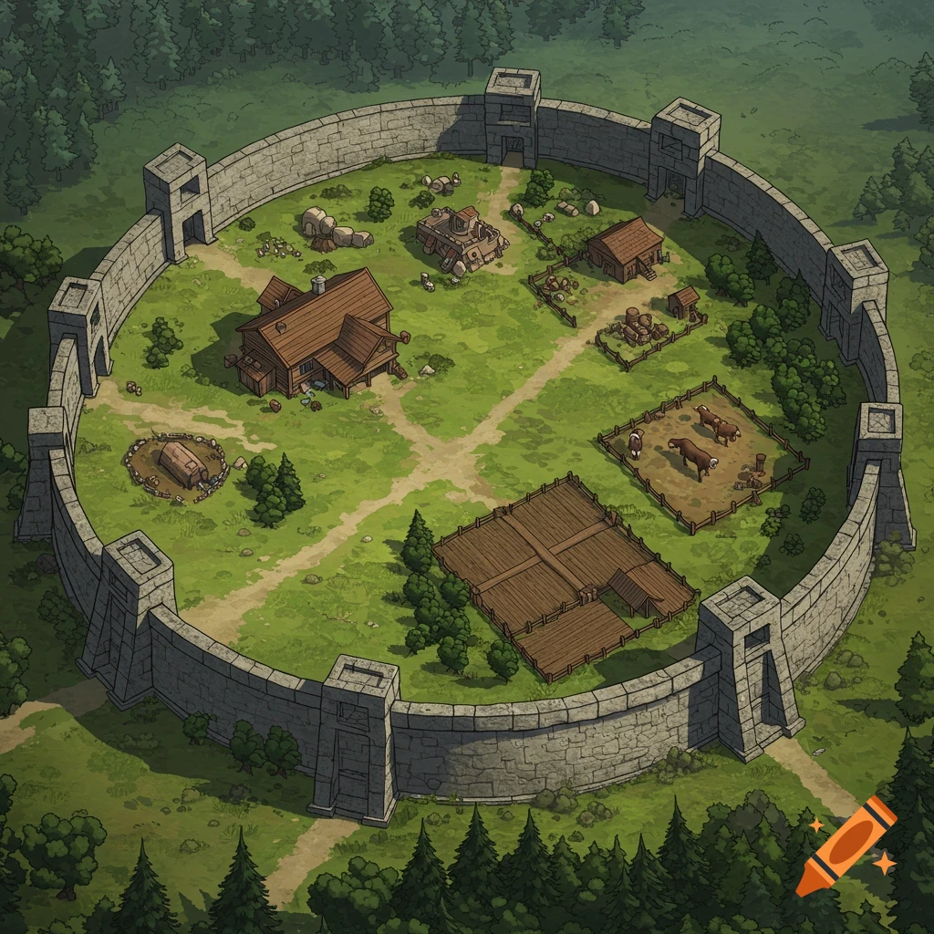 Top-down illustration of a fortified complex within stone walls, showing buildings, fields, and animals.