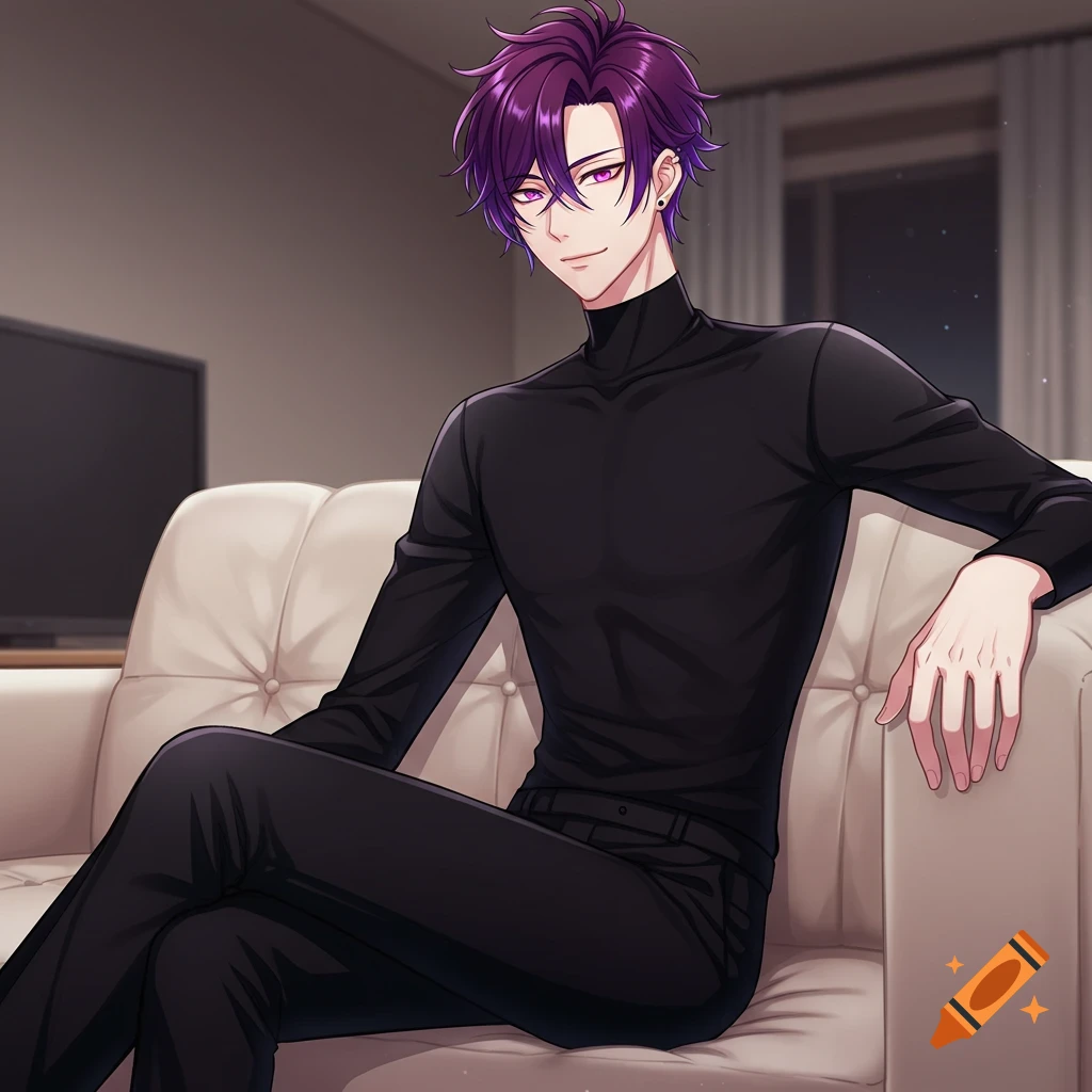 An anime man with purple hair and eyes sits on a sofa indoors.