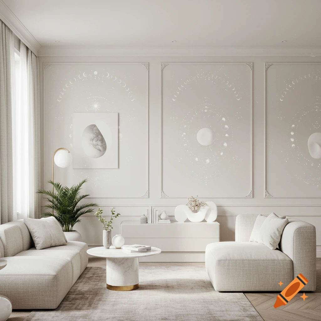 Modern mystical living room with celestial wall patterns