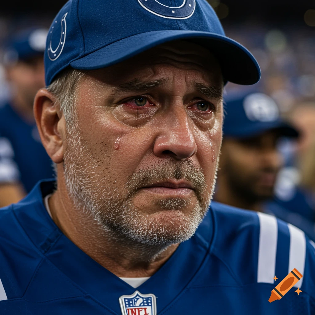 Close-up of a crying man wearing a blue Colts jersey and cap