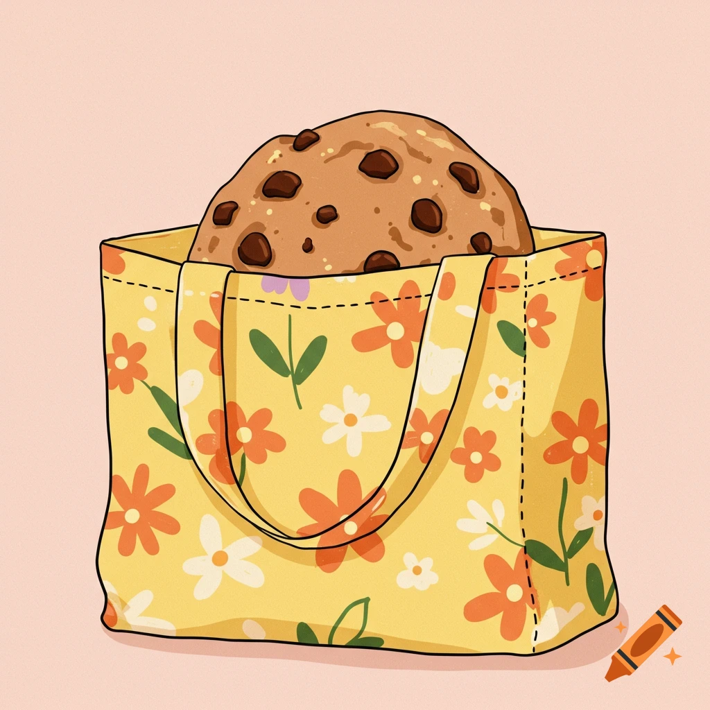 A large chocolate chip cookie sticking out of a yellow bag with an orange and white floral pattern.