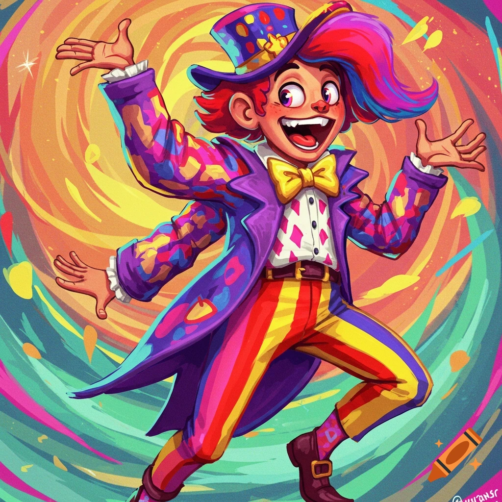 An energetic figure in a colorful jester or clown costume with a top hat, against a swirling background.