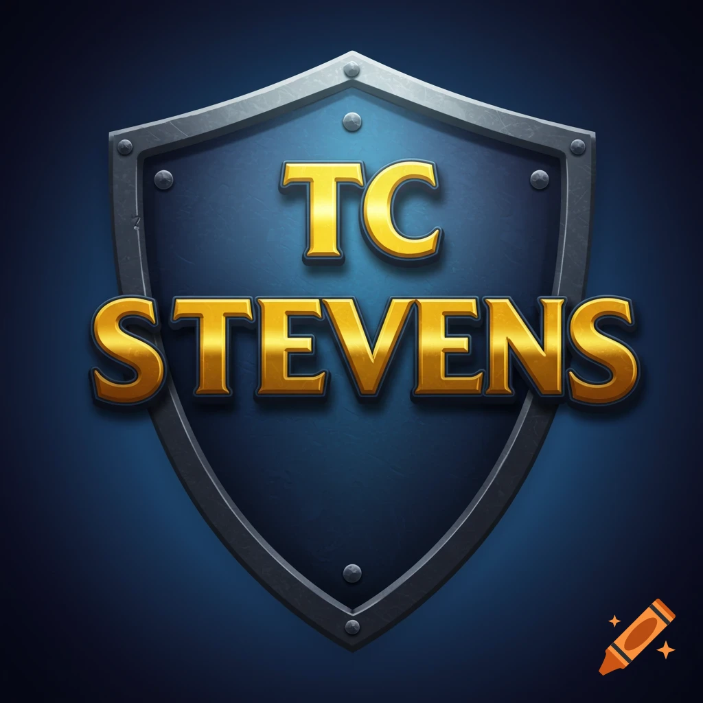 A blue shield with golden text TC STEVENS.