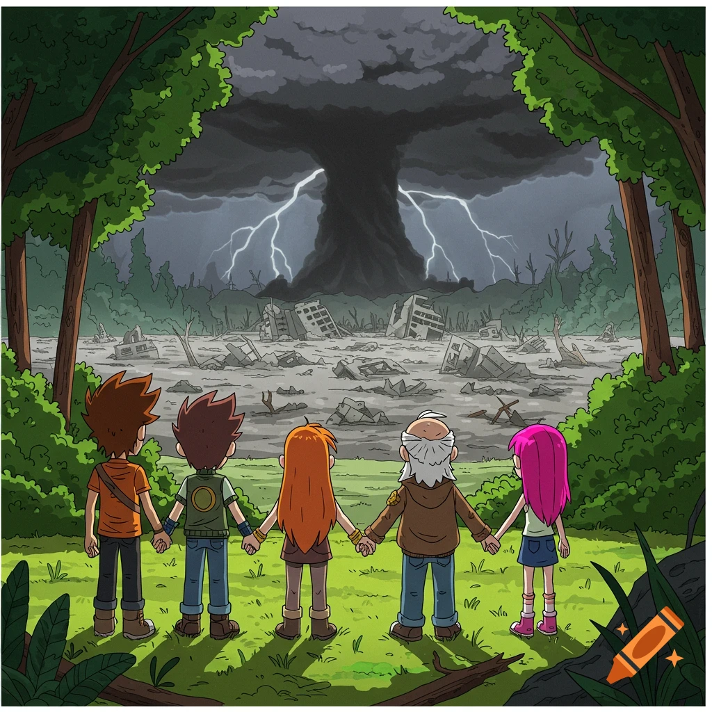 Cartoon characters hold hands looking at a ruined city under a stormy sky with lightning.