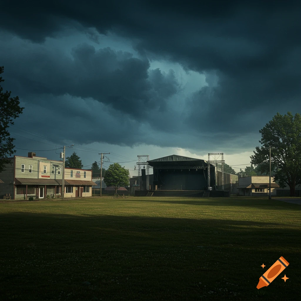 A stage in a town square under dark stormy clouds.