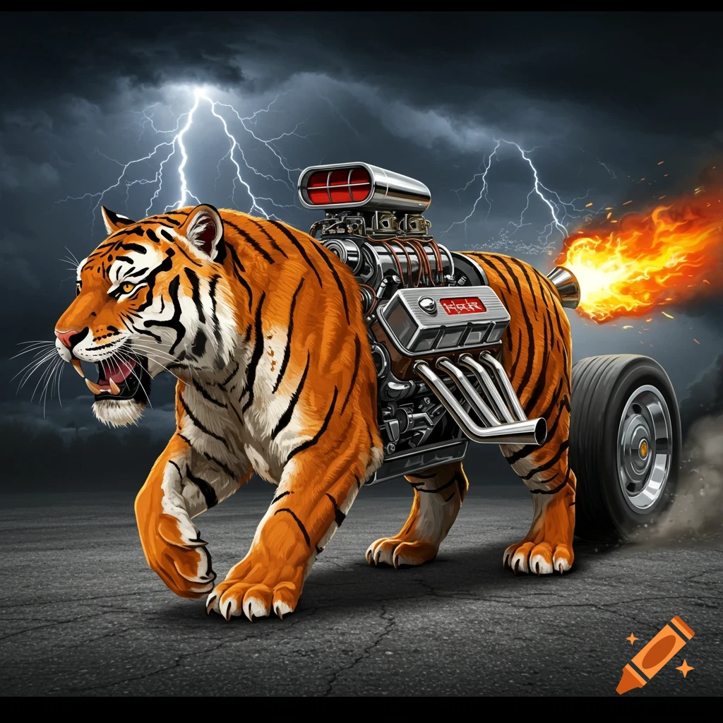 A tiger with a hot rod engine on its back runs on a road under a stormy sky with lightning.