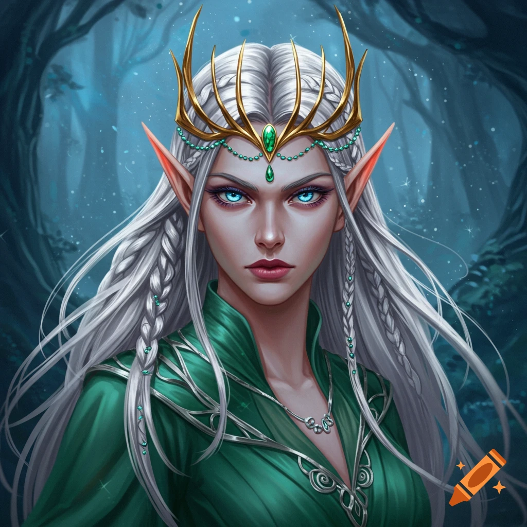 An elf queen with white hair, blue eyes, gold crown, and green dress in a forest