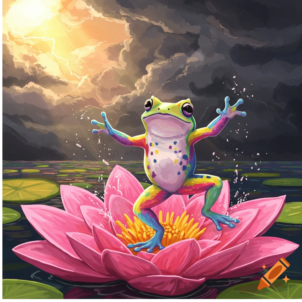 A colorful frog dances on a pink lily pad under a stormy sky with sunshine.