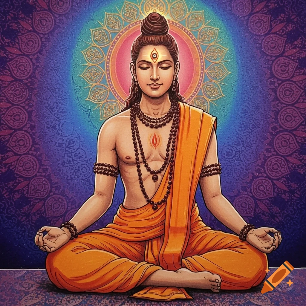 A Hindu drawing of a person in meditation pose with a glowing third eye and spiritual background.