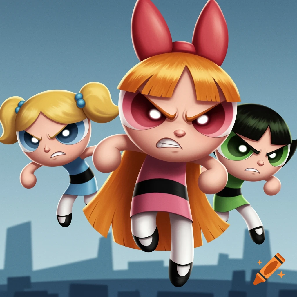 The Powerpuff Girls, Blossom, Bubbles, and Buttercup, looking angry and ready for battle, flying over a city skyline.