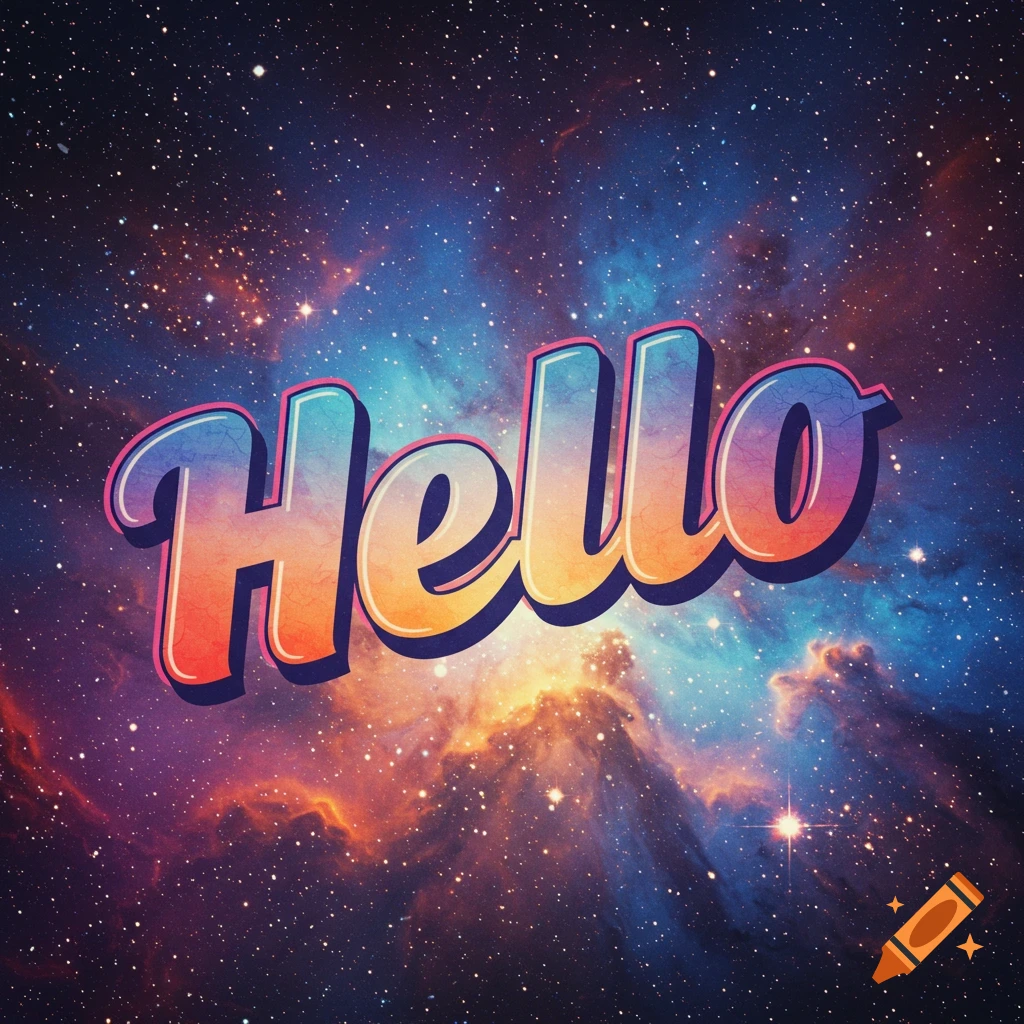 Stylized text 'Hello' over a colorful space nebula background.