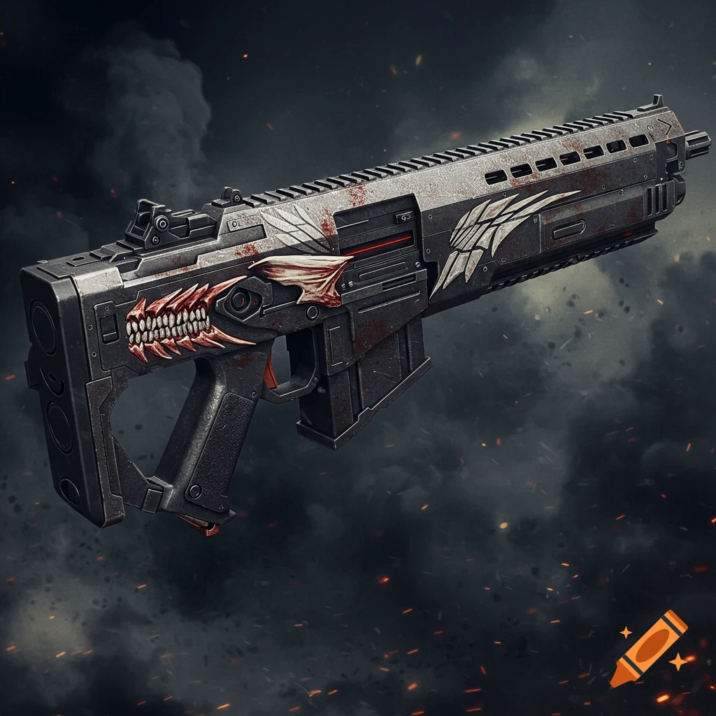 A stylized gun skin with a monster face and wings against a smoky background.