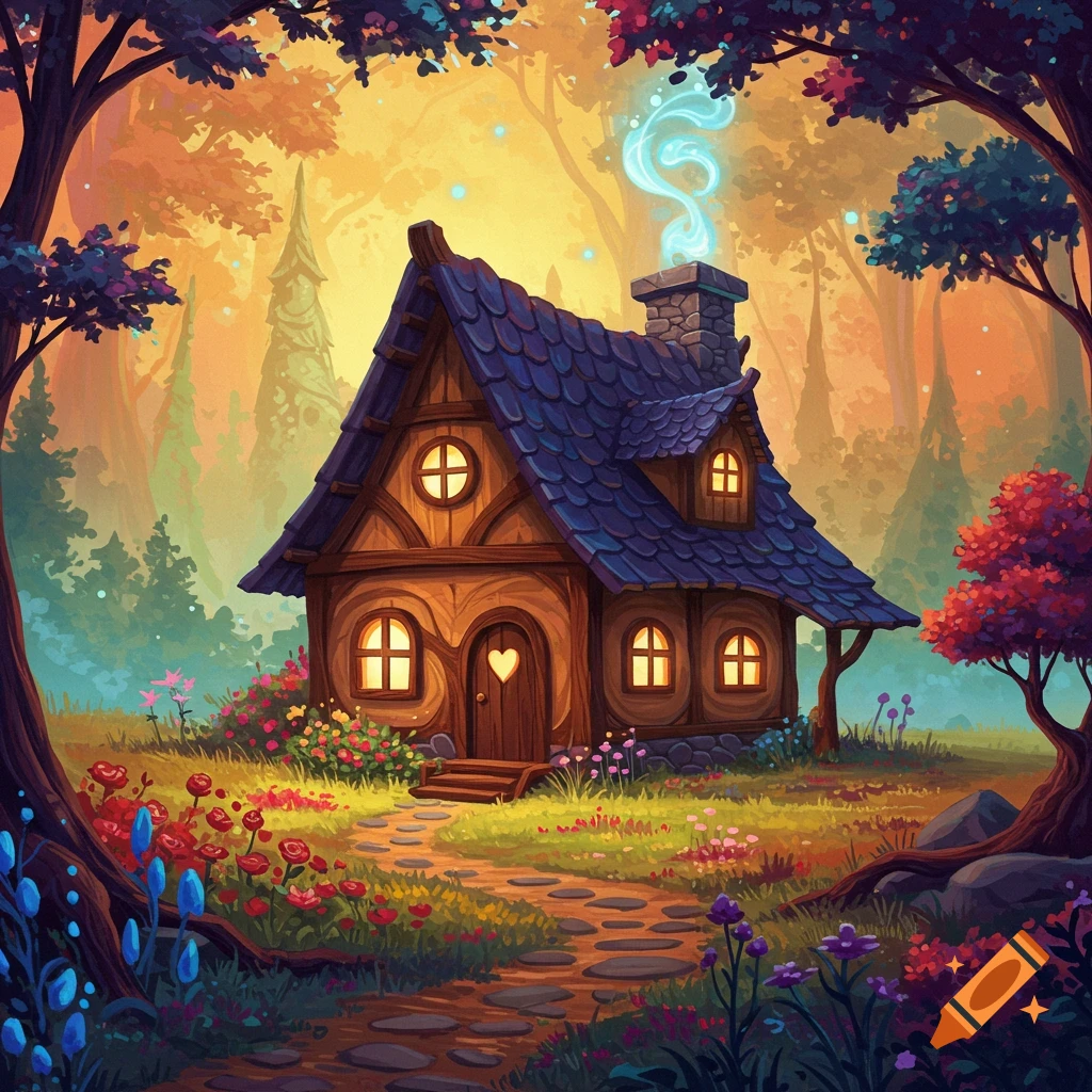 Whimsical cottage in a colorful fantasy forest
