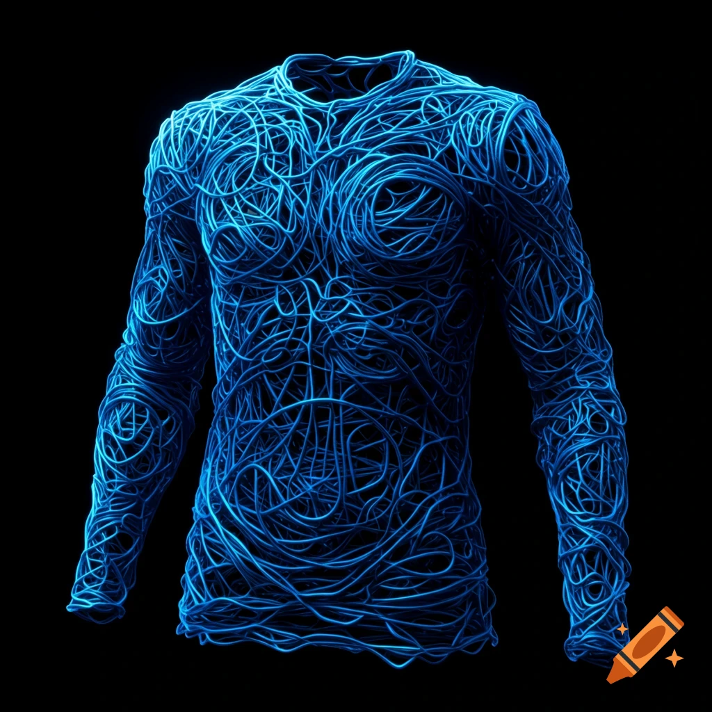 A long sleeve shirt made of glowing blue wiring against a black background.