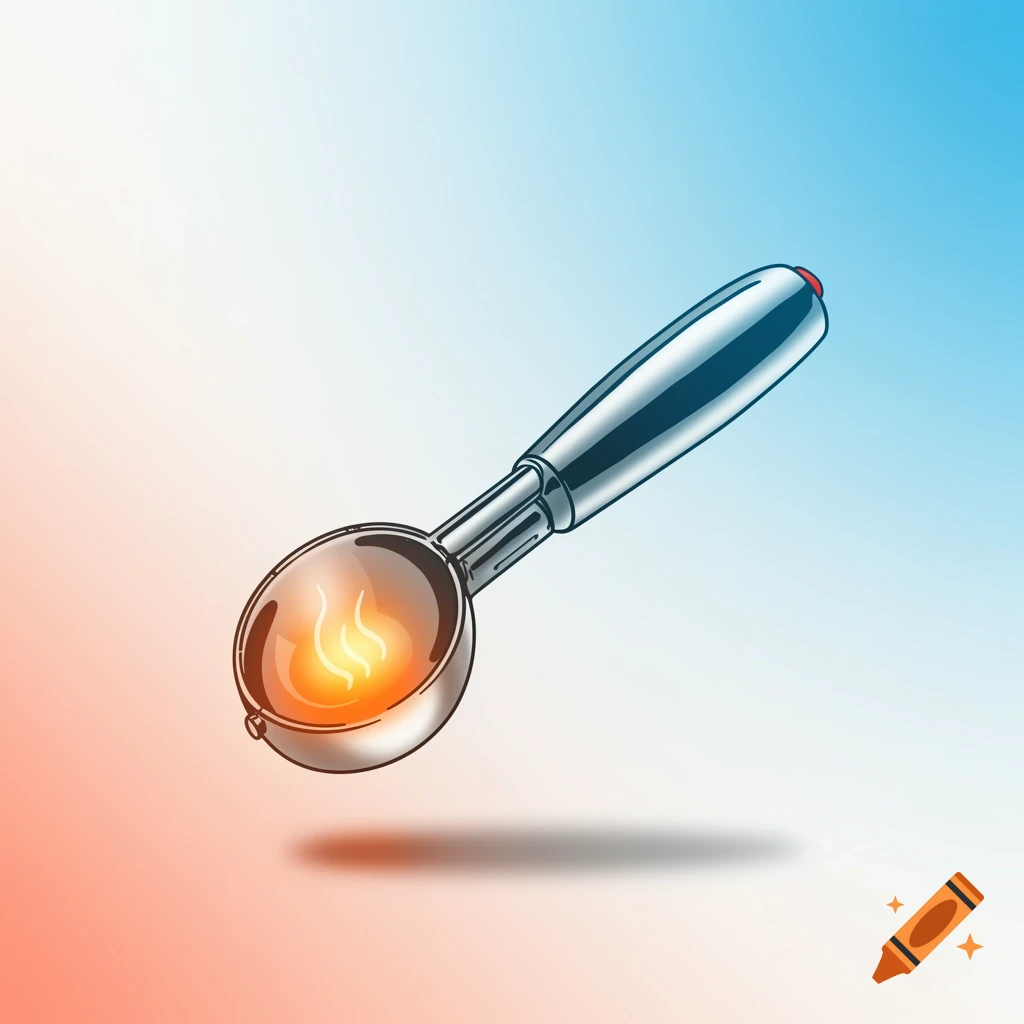 A stylized heated spoon logo with a glowing bowl on a red and blue gradient background.