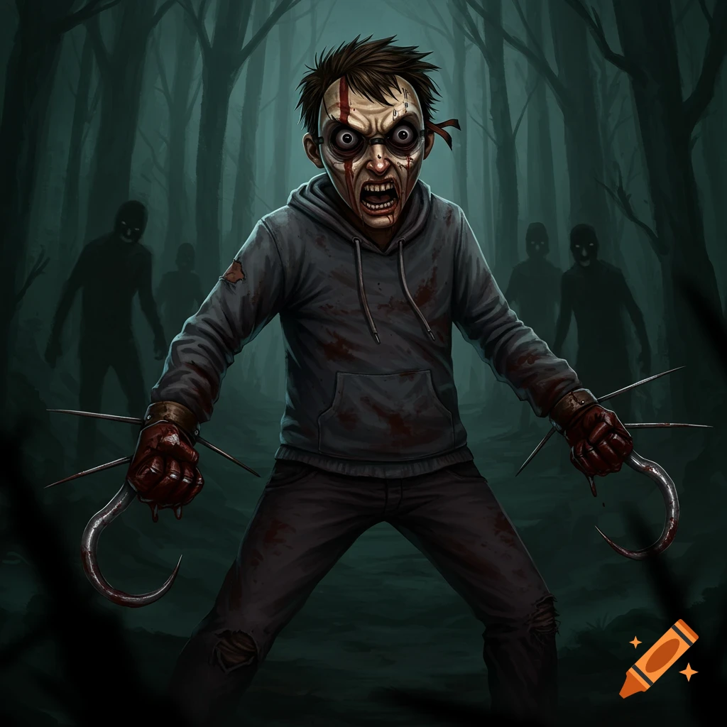 A creepy figure with hooks and blood stands in a dark forest.
