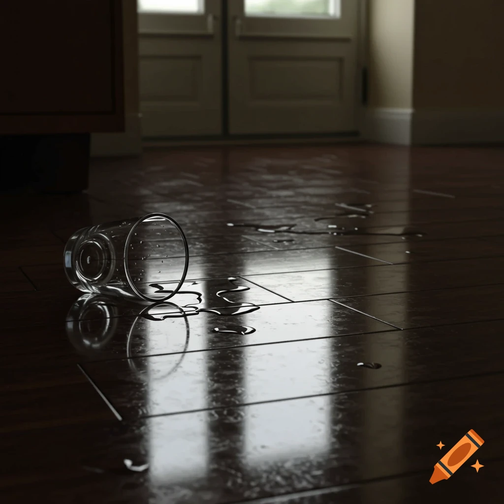 A clear glass lies on a dark wooden floor with spilled water.