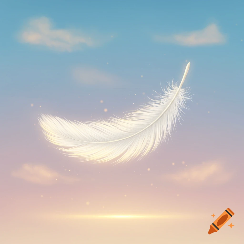A white feather floating in a pastel gradient sky with subtle clouds and light.