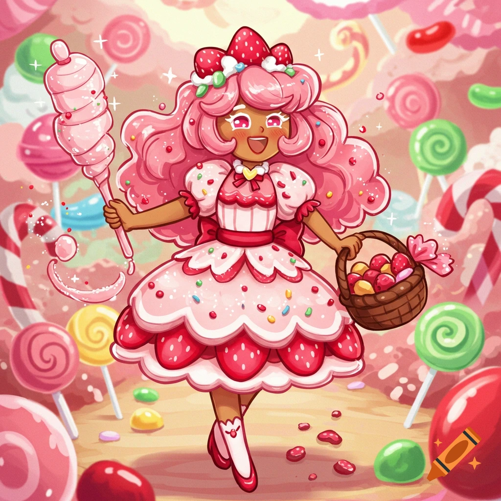 Cartoon character in a strawberry dress holds cotton candy in a candy land