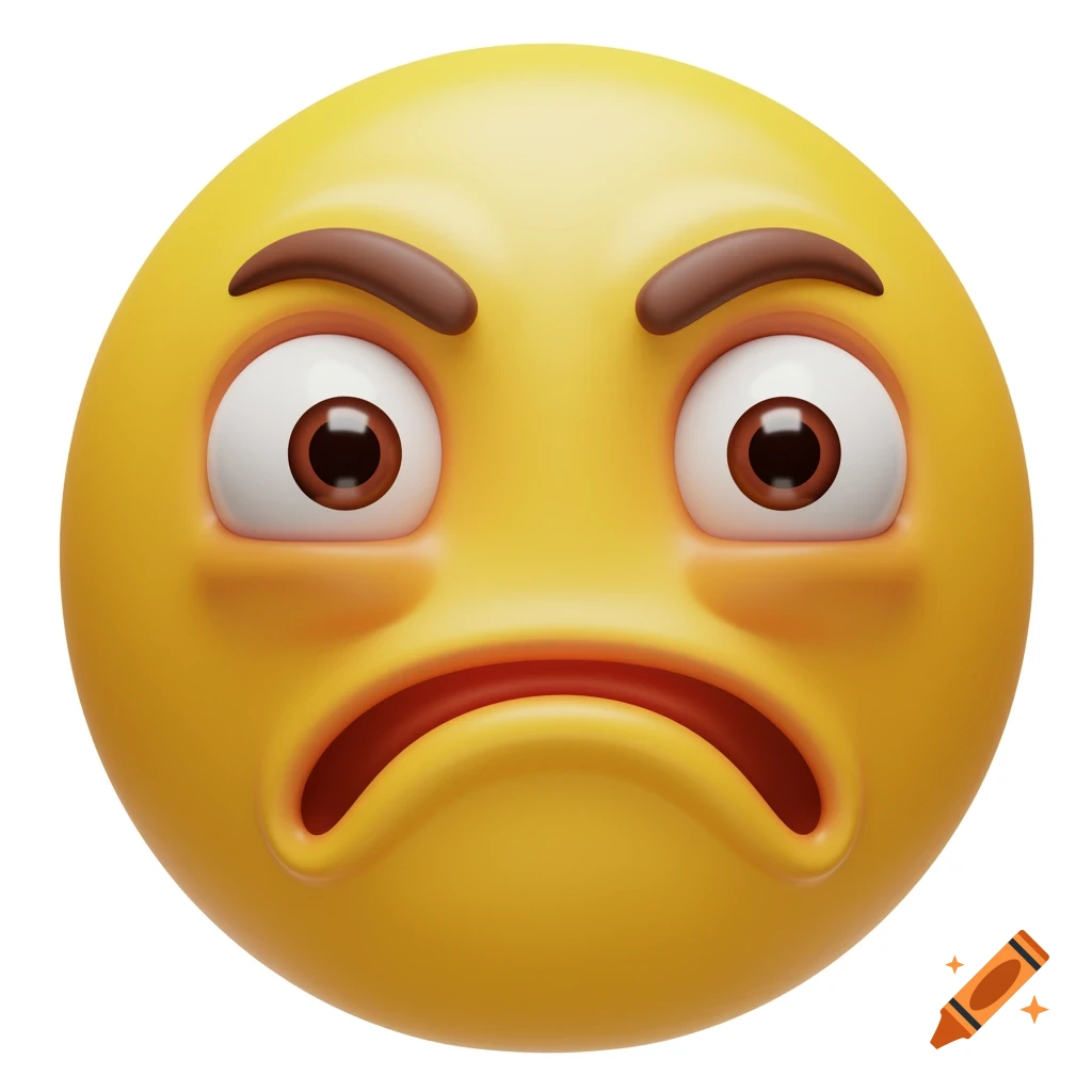 A 3D cartoon rendering of a sad or disgusted yellow emoji face with wide eyes and furrowed brows.