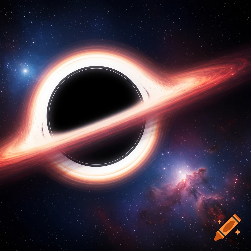 A black hole with a bright accretion disk against a starry background and nebula