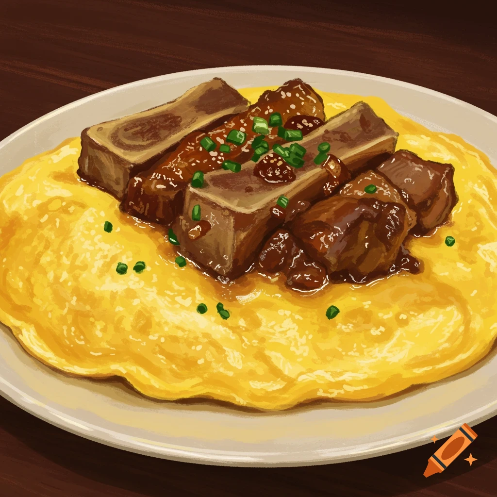 Short ribs over an omelette on a plate.