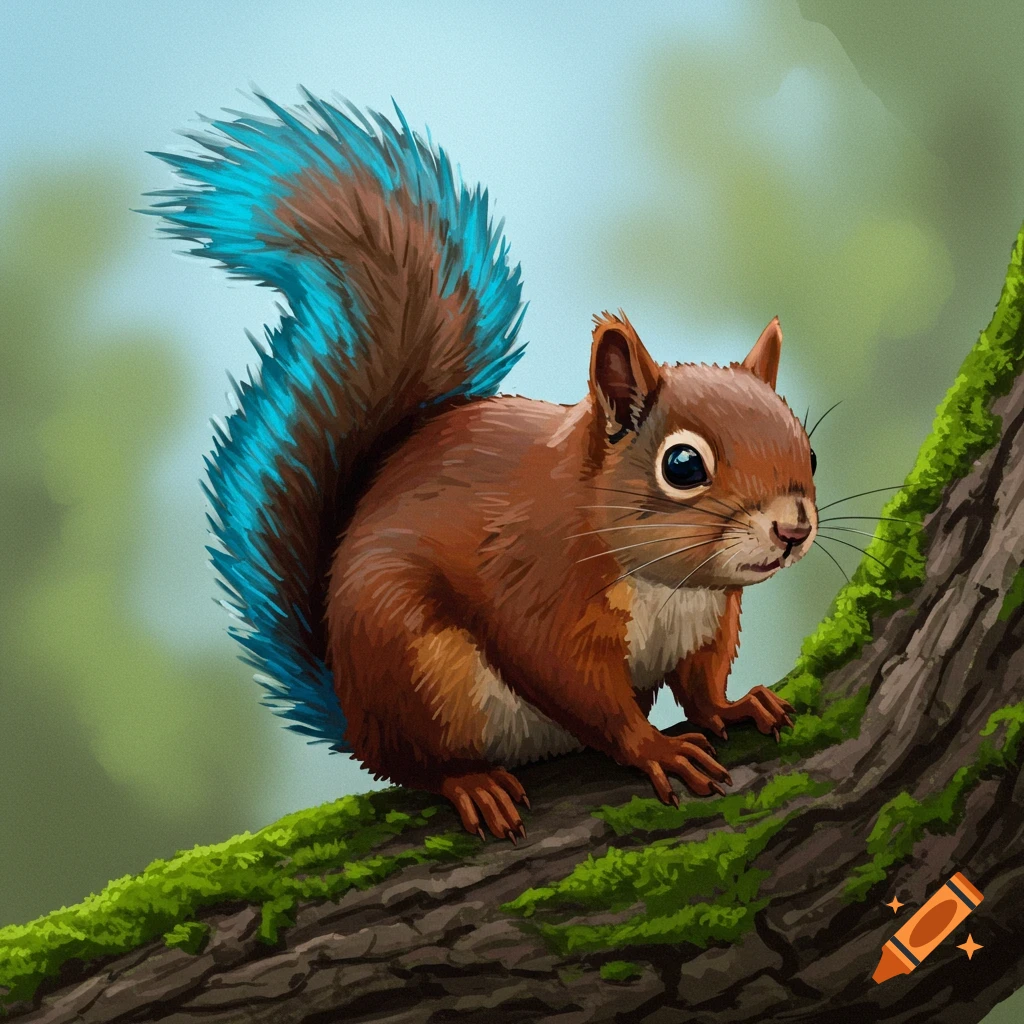 A brown squirrel with a bright blue tail tip sitting on a mossy tree branch.