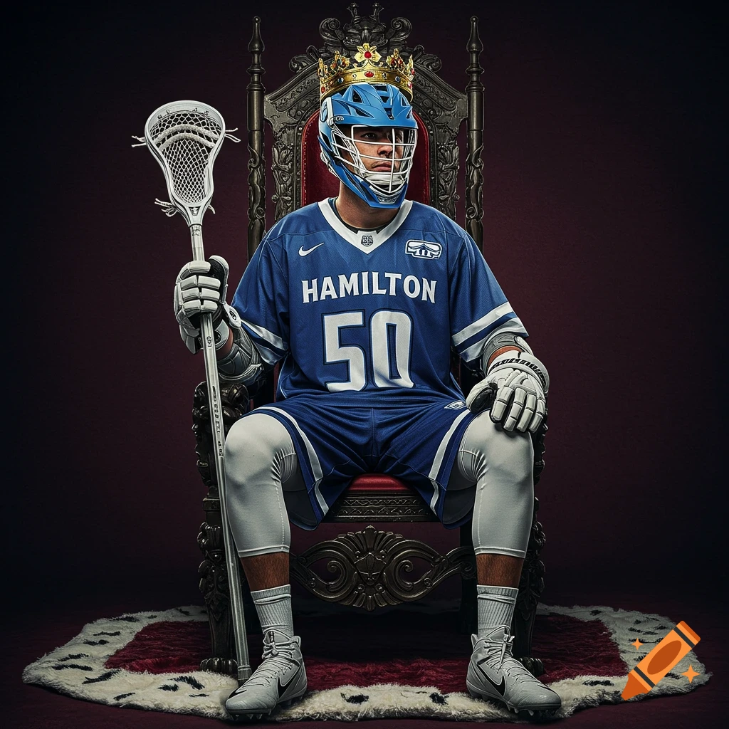 Lacrosse player wearing a crown and jersey with HAMILTON 50 sits on a throne, holding a lacrosse stick.